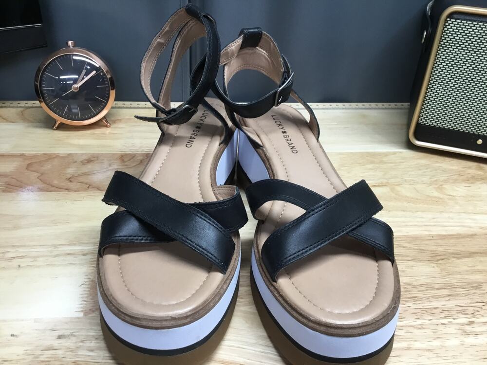 Lucky Brand Tarhi Sandals Women's US 11 Black Leather Wedge Heel Ankle Strap